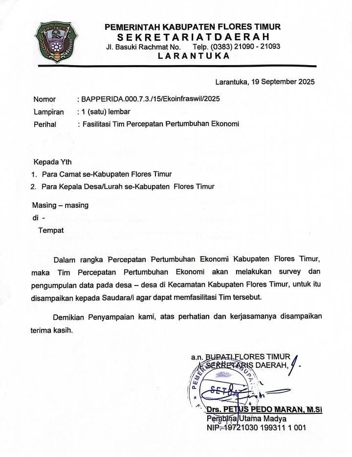 Surat Resmi yang dikeluarkan oleh Sekertaris Daerah Kabupaten Flores Timur dengan Nomor: BAPPERIDA.000.7.3./15/Ekoinfraswil/2025, Tertanggal 19 September 2025. Harianwarga/RS.