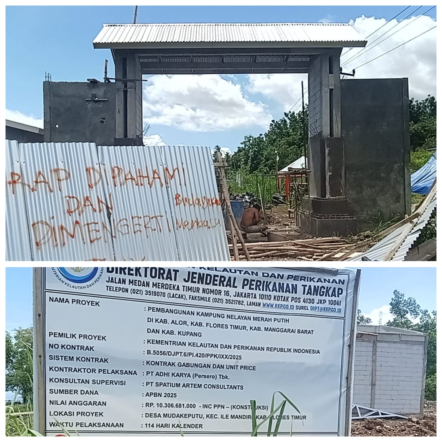 Bangunan dan papan proyek pembangunan Kampung Nelayan Flores Timur. Foto: Harianwarga.id/Istimewa.