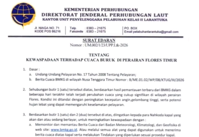 Kantor Unit Penyelenggara Pelabuhan (UPP) Kelas II Larantuka mengeluarkan surat edaran. Foto: Istimewa.