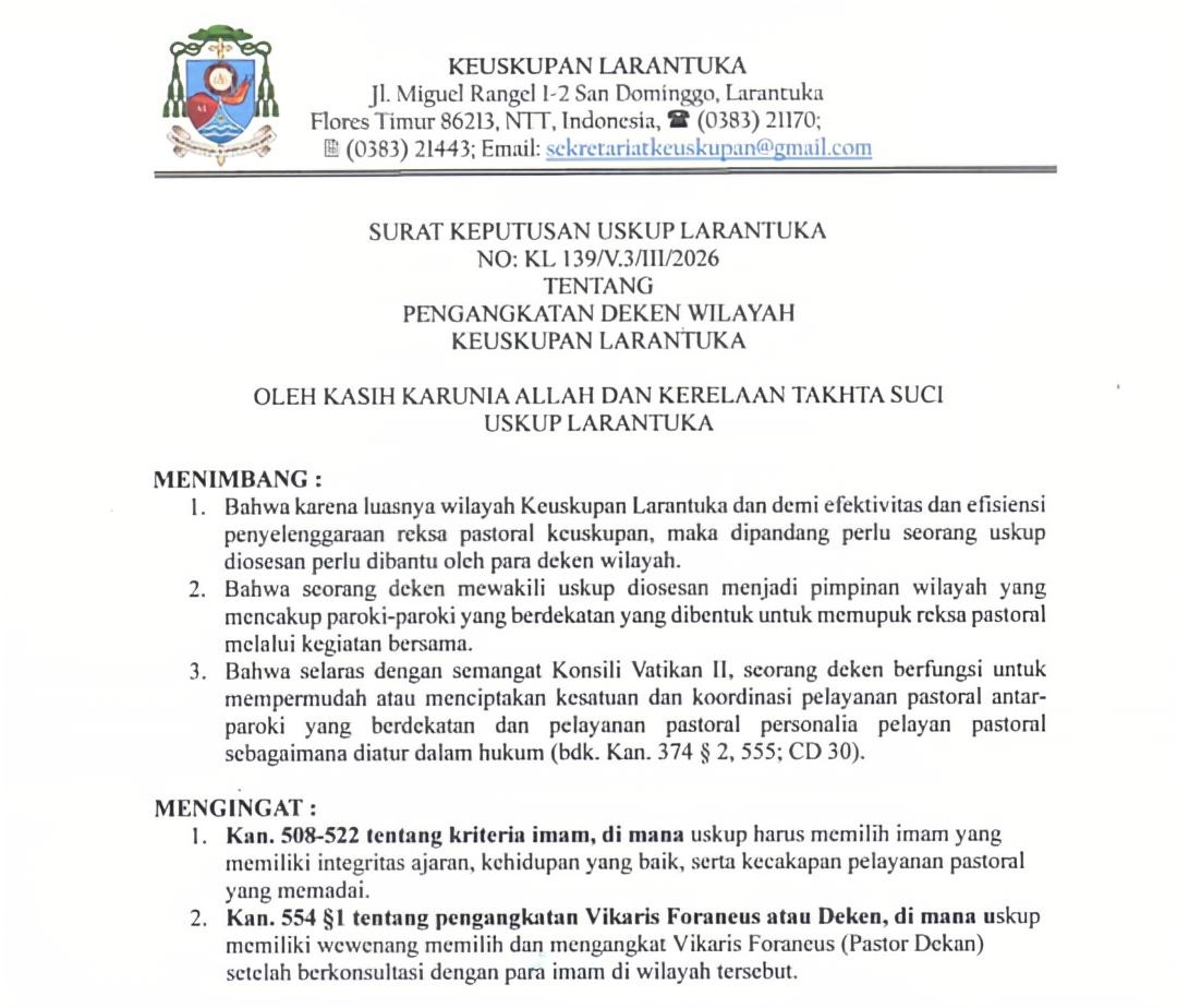 Surat Keputusan Uskup Larantuka. Foto: Istimewa.