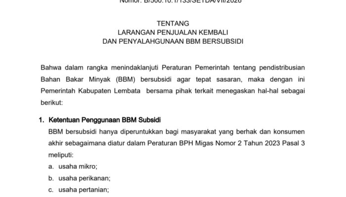 Bupati Lembata Larang Keras Penjualan BBM Subsidi di Lembata, Ancaman Hukuman 6 Tahun Penjara
