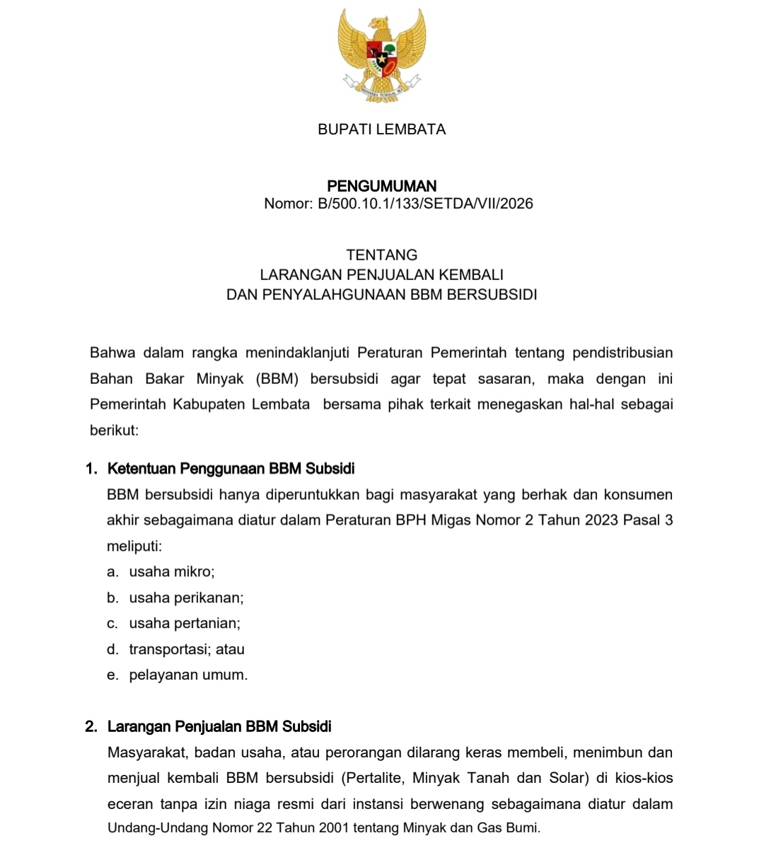 Bupati Lembata Larang Keras Penjualan BBM Subsidi di Lembata, Ancaman Hukuman 6 Tahun Penjara. Foto: Istimewa.