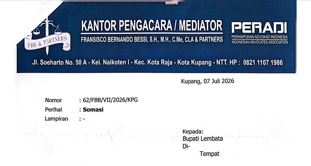 Kantor Pengacara & Mediator Fransisco Bernando Bessi, S.H., M.H., C.Me., CLA & Partners melayangkan surat somasi. Foto: Istimewa.