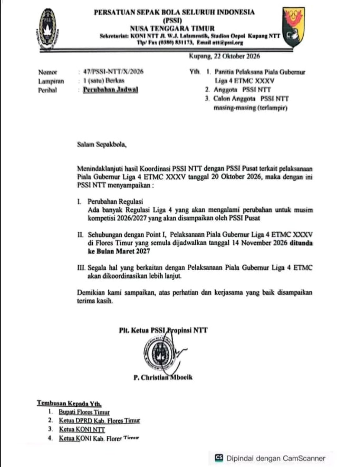 Surat PSSI Provinsi Nusa Tenggara Timur Nomor: 47/PSSI-NTT/X/2026 tertanggal 22 Oktober 2026, dengan perihal perubahan jadwal/Foto: Istimewa.